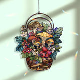 Mushroom Basket Acrylic Suncatcher, Stained Glass Style Window Hanging with Colorful Fungi, Leaves, Flowers and Berries Cottagecore Decor