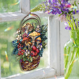 Mushroom Basket Acrylic Suncatcher, Stained Glass Style Window Hanging with Colorful Fungi, Leaves, Flowers and Berries Cottagecore Decor