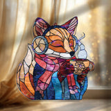 Cozy Fox Acrylic Suncatcher, Stained Glass Style Woodland Animal with Scarf and Hot Cocoa, Winter Window Hanging Home Decor Gift