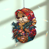 Otter Acrylic Suncatcher, Stained Glass Style Woodland Animal in Red Hood with Basket of Mushrooms and Berries, Fairy Tale Window Decor