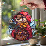 Otter in Red Hood Acrylic Suncatcher, Stained Glass Style Woodland Animal Window Hanging with Basket, Fairy Tale Inspired Home Decor