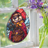 Otter in Red Hood Acrylic Suncatcher, Stained Glass Style Woodland Animal Window Hanging with Basket, Fairy Tale Inspired Home Decor