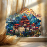 Asian Temple Acrylic Suncatcher, Stained Glass Style Mountain Pagoda Window Panel with Clouds and Sunset, Travel Inspired Home Decor