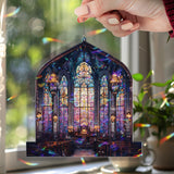 Cathedral Acrylic Suncatcher, Stained Glass Style Church Window Panel with Cross, Gothic Arched Design, Christian Religious Home Decor