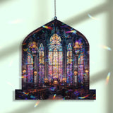 Cathedral Acrylic Suncatcher, Stained Glass Style Church Window Panel with Cross, Gothic Arched Design, Christian Religious Home Decor