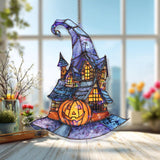Halloween Haunted House Acrylic Suncatcher, Stained Glass Style Witch Hat with Pumpkin, Spooky Window Hanging Holiday DÃ©cor