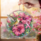 Hummingbird and Hibiscus Acrylic Suncatcher, Pink Ribbon Breast Cancer Awareness Window Panel, Floral Stained Glass Style DÃ©cor