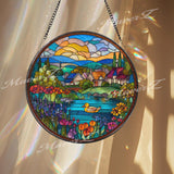 Village Stained Glass Suncatcher, Round Cottage Window Panel with Lake, Duck and Flowers, Colorful Countryside Home Decor Gift
