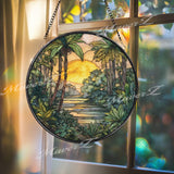 Jungle Sunset Stained Glass Suncatcher, Round Tropical Forest River Window Panel with Palm Trees, Exotic Nature Home Decor Gift