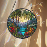 Tropical Stained Glass Suncatcher, Round Palm Tree and River Window Panel with Colorful Flowers, Exotic Nature Home Decor Gift
