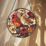 Cardinal Stained Glass Suncatcher, Round Red and Yellow Bird Window Panel with Flowers, Nature Inspired Wildlife Home Decor Gift