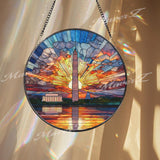 Washington DC Stained Glass Suncatcher, Round Monument Sunset Window Panel with Capitol and Lincoln Memorial, Patriotic Home Decor Gift