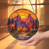 Mountain Sunset Stained Glass Suncatcher, Round Autumn Forest Window Panel with River and Peaks, Nature Landscape Home Decor Gift