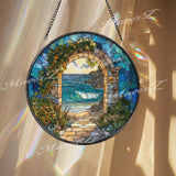 Ocean Archway Stained Glass Suncatcher, Round Coastal Beach Window Panel with Waves and Stone Path, Seaside Nature Home Decor Gift