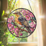 Songbird Stained Glass Suncatcher, Round Yellow Bird Window Panel with Pink Cherry Blossoms, Nature Floral Home Decor Gift