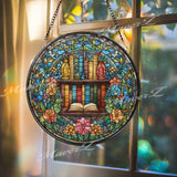 Bookshelf Stained Glass Suncatcher, Round Colorful Book Window Panel with Floral Border, Literary Home Decor Gift for Book Lovers