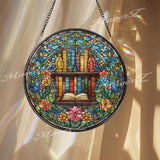 Bookshelf Stained Glass Suncatcher, Round Colorful Book Window Panel with Floral Border, Literary Home Decor Gift for Book Lovers