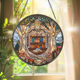 Book Nook Stained Glass Suncatcher, Round Library Window Panel with Lanterns and Mushrooms, Cozy Reading Room Decor Gift
