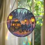 Carriage Street Stained Glass Suncatcher, Round Victorian Horse Car Window Panel, Vintage City Night Scene Home Decor Gift