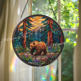 Bear Forest Stained Glass Suncatcher, Round Nature Mountain Window Panel, Woodland Wildlife Home Decor Gift for Nature Lovers