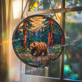 Bear Forest Stained Glass Suncatcher, Round Nature Mountain Window Panel, Woodland Wildlife Home Decor Gift for Nature Lovers