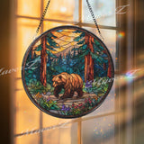 Bear Forest Stained Glass Suncatcher, Round Nature Mountain Window Panel, Woodland Wildlife Home Decor Gift for Nature Lovers