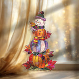 Pumpkin Snowman Acrylic Suncatcher, Stained Glass Style Autumn Pumpkins with Snowman Window Hanging
