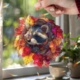 Raccoon Acrylic Suncatcher, Stained Glass Style Autumn Leaves Wreath with Cute Raccoon Window Hanging, Woodland Animal Fall Home DÃ©cor Gift