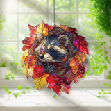 Raccoon Acrylic Suncatcher, Stained Glass Style Autumn Leaves Wreath with Cute Raccoon Window Hanging, Woodland Animal Fall Home DÃ©cor Gift