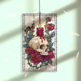 Skull and Candle Acrylic Suncatcher, Stained Glass Style Gothic Red Roses and Burning Candle Window Hanging, Dark Halloween Home DÃ©cor Gift