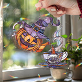 Halloween Teapot Acrylic Suncatcher, Stained Glass Style Jack Oâ€™Lantern with Witch Hat Pouring into Skull Cup, Spooky Window Hanging DÃ©cor