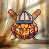 Halloween Baseball Pumpkin Acrylic Suncatcher, Stained Glass Style Jack Oâ€™Lantern with Bat Cap Window Hanging, Sporty Fall Home DÃ©cor Gift