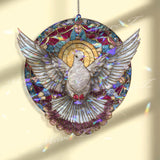 Dove Acrylic Suncatcher, Round White Bird with Radiant Halo Window Hanging, Peaceful Stained Glass Style Christian Home Decor Gift