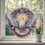Dove Acrylic Suncatcher, Round White Bird with Radiant Halo Window Hanging, Peaceful Stained Glass Style Christian Home Decor Gift