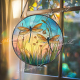 Dragonfly Stained Glass Suncatcher, Round Sunset Meadow Window Panel with Colorful Insects and Wildflowers, Nature Inspired Home Decor
