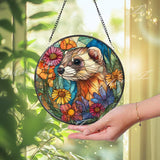 Ferret Stained Glass Suncatcher, Round Window Panel with Colorful Flowers and Cute Animal, Nature Inspired Garden Lover Home Decor Gift