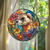 Ferret Stained Glass Suncatcher, Round Window Panel with Colorful Flowers and Cute Animal, Nature Inspired Garden Lover Home Decor Gift
