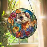 Ferret Stained Glass Suncatcher, Round Window Panel with Colorful Flowers and Cute Animal, Nature Inspired Garden Lover Home Decor Gift