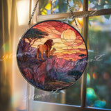 Lion Stained Glass Suncatcher, Round African Safari Sunset Window Panel with Lion and Cub, Wildlife Nature Inspired Home Decor Gift