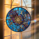 Sun and Moon Stained Glass Suncatcher, Round Zodiac Constellation Window Panel with Celestial Sky, Astrology Inspired Home Decor Gift