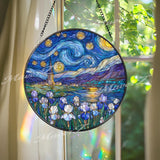 Starry Night Stained Glass Suncatcher, Round Van Gogh Inspired Window Panel with Blue Irises and Church, Artistic Starry Sky Home Decor Gift