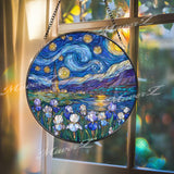 Starry Night Stained Glass Suncatcher, Round Van Gogh Inspired Window Panel with Blue Irises and Church, Artistic Starry Sky Home Decor Gift