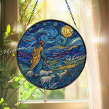 Jesus Stained Glass Suncatcher, Round Starry Night Window Panel with Child and Sheep, Christian Religious Faith Inspired Home Decor Gift