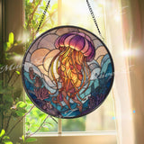 Jellyfish Stained Glass Suncatcher, Round Ocean Window Panel with Flowing Tentacles and Coral Reef, Unique Underwater Home Decor