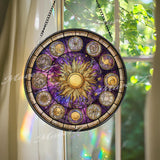 Zodiac Sun Stained Glass Suncatcher, Round Astrology Constellation Window Panel, Celestial Horoscope Home Decor Gift
