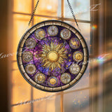 Zodiac Sun Stained Glass Suncatcher, Round Astrology Constellation Window Panel, Celestial Horoscope Home Decor Gift