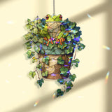 Frog in Ivy Plant Acrylic Suncatcher, Stained Glass Style Green Frog with Hanging Pot Window Decor, Nature Garden Lover Home Gift