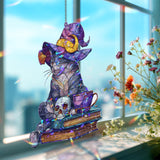 Witch Cat Acrylic Suncatcher, Stained Glass Style Halloween Cat with Hat Books Skull and Cup Window Hanging, Spooky Fall Home Decor Gift