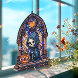 Grim Reaper Acrylic Suncatcher, Stained Glass Style Skeleton with Pumpkin Window Hanging, Gothic Halloween Spooky Home Decor Gift