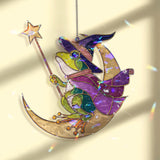 Wizard Frog on Moon Acrylic Suncatcher, Stained Glass Style Magical Animal Window Hanging, Cute Halloween Fantasy Home Decor Gift